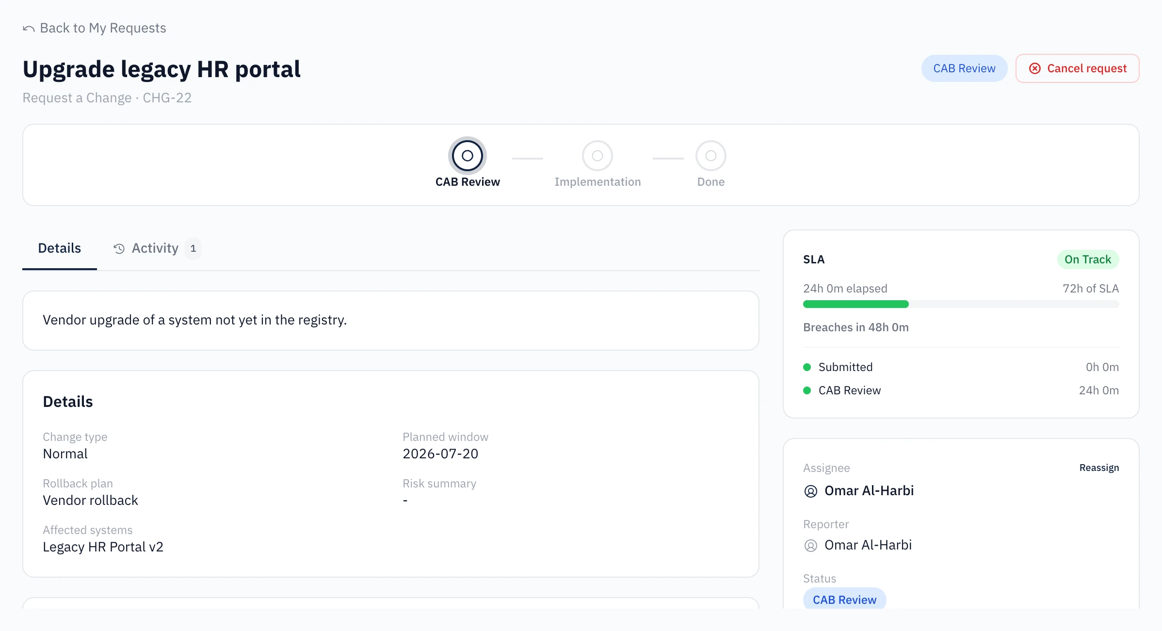 Change request with SLA